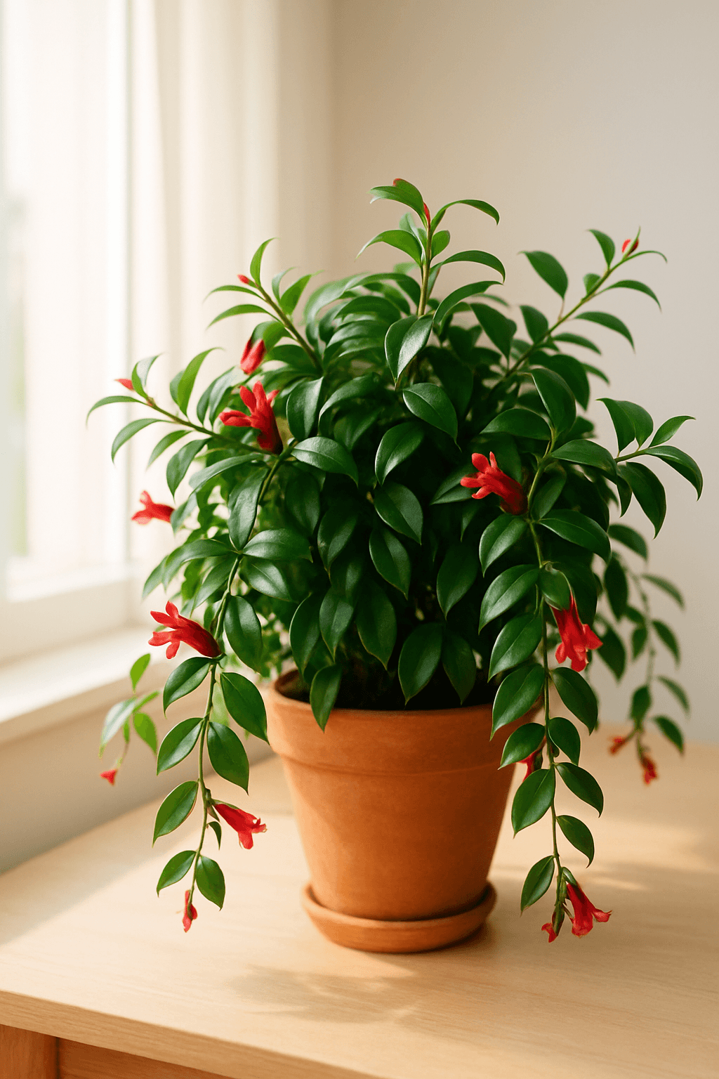 Lipstick Vine (Aeschynanthus radicans) with trailing stems and bright red tubular flowers emerging from dark tubes
