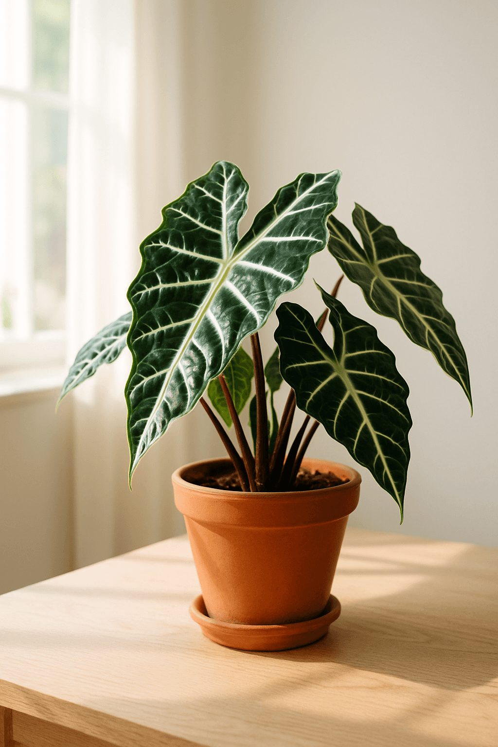 Alocasia Polly (African Mask Plant) with dark arrow-shaped leaves and white veins