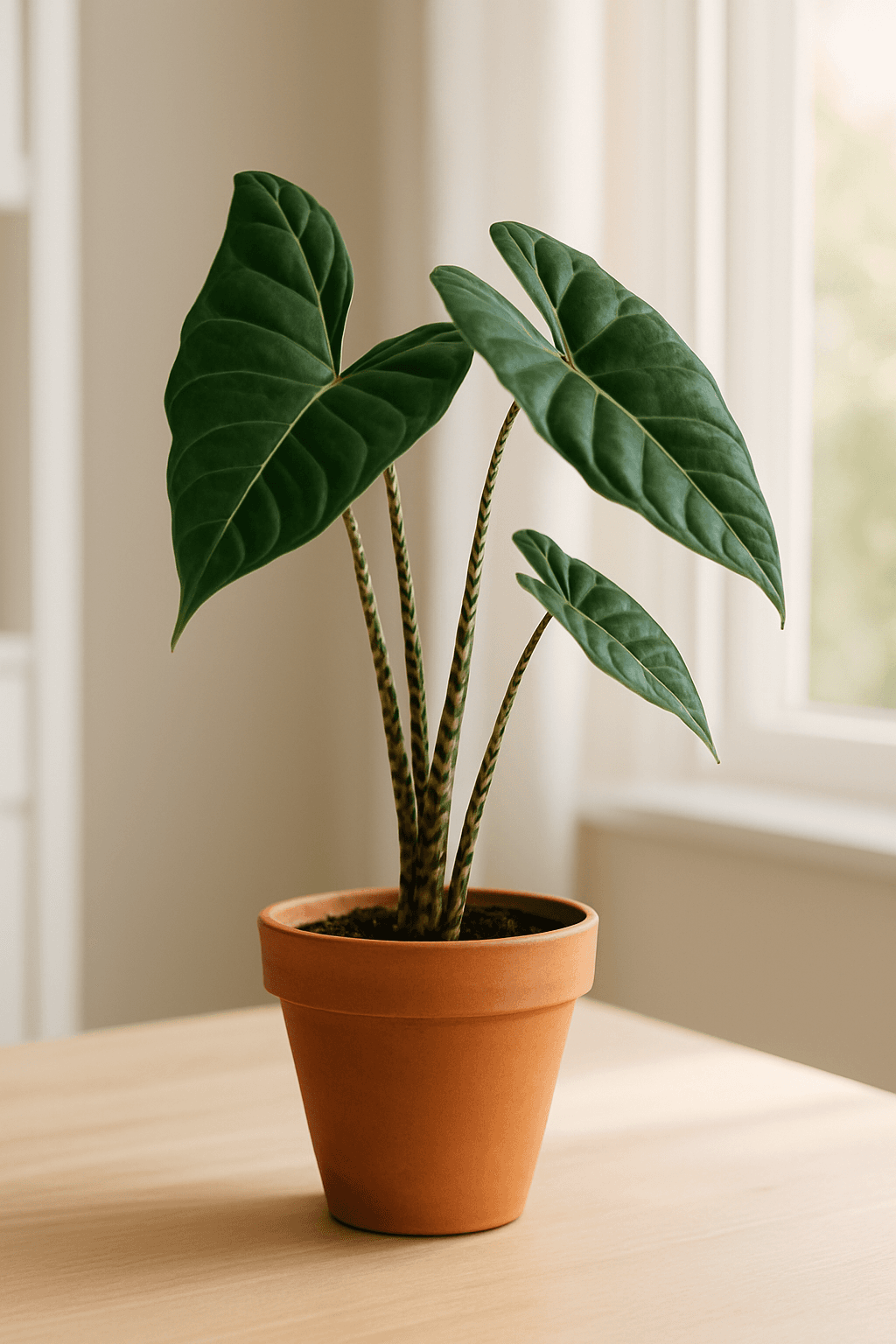 Alocasia Zebrina with distinctive yellow and black zebra-striped stems and arrow-shaped leaves