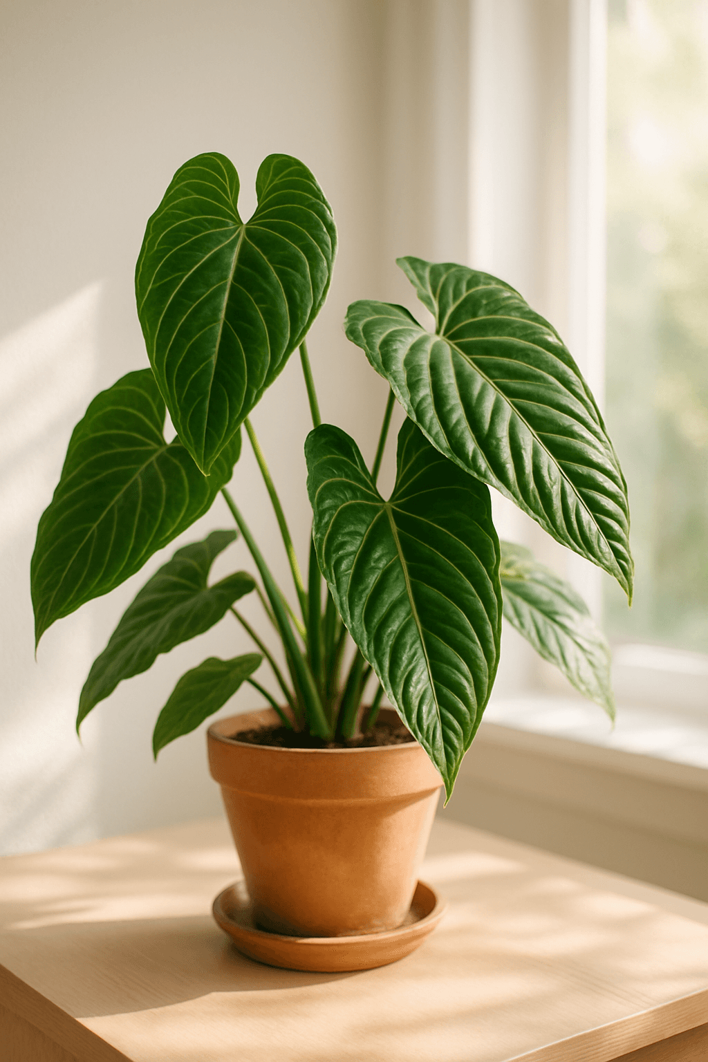 King Anthurium (Anthurium veitchii) with massive corrugated pendulous leaves in a greenhouse setting