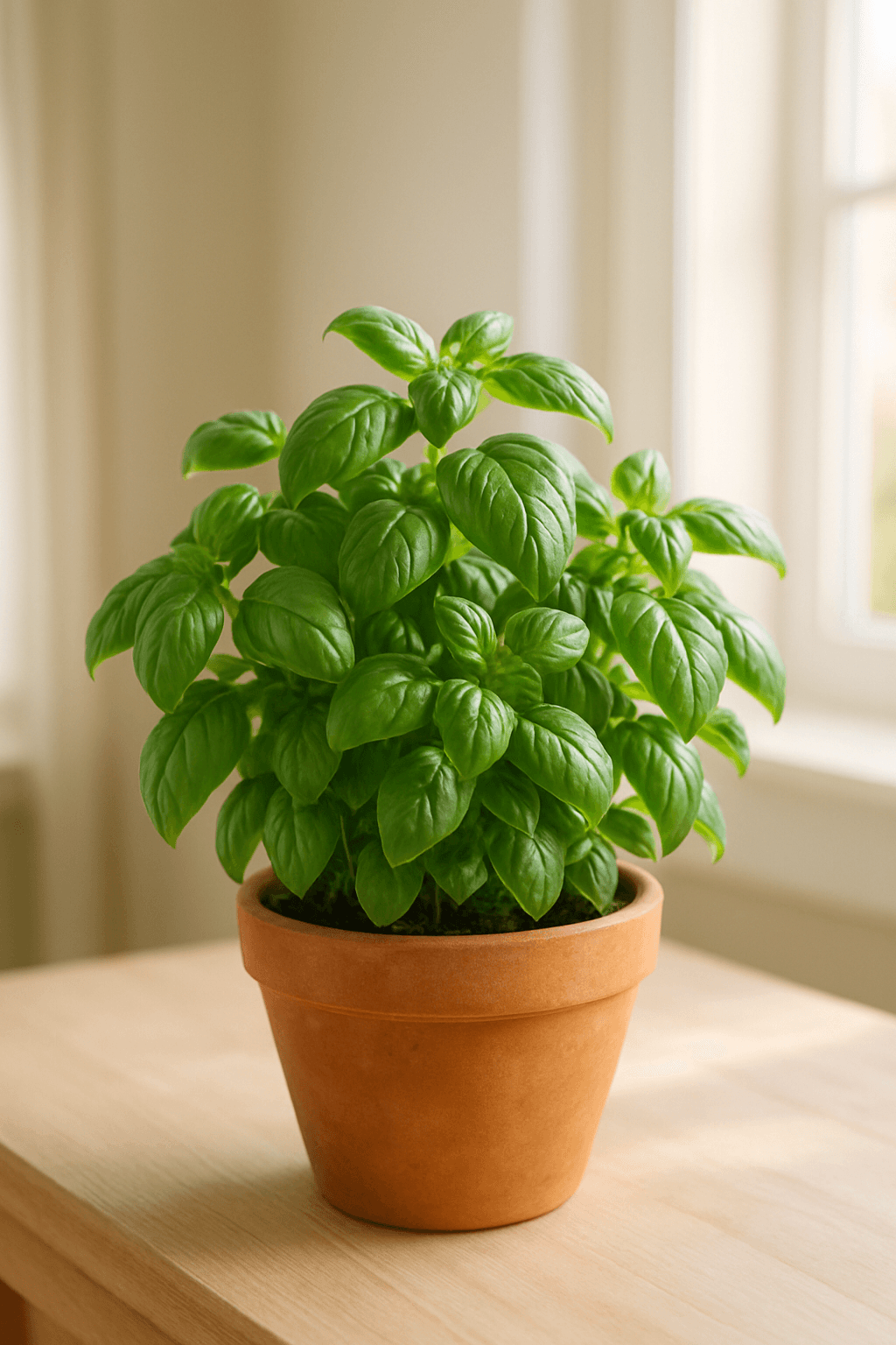 Basil (Ocimum basilicum) with large fragrant green leaves in a pot
