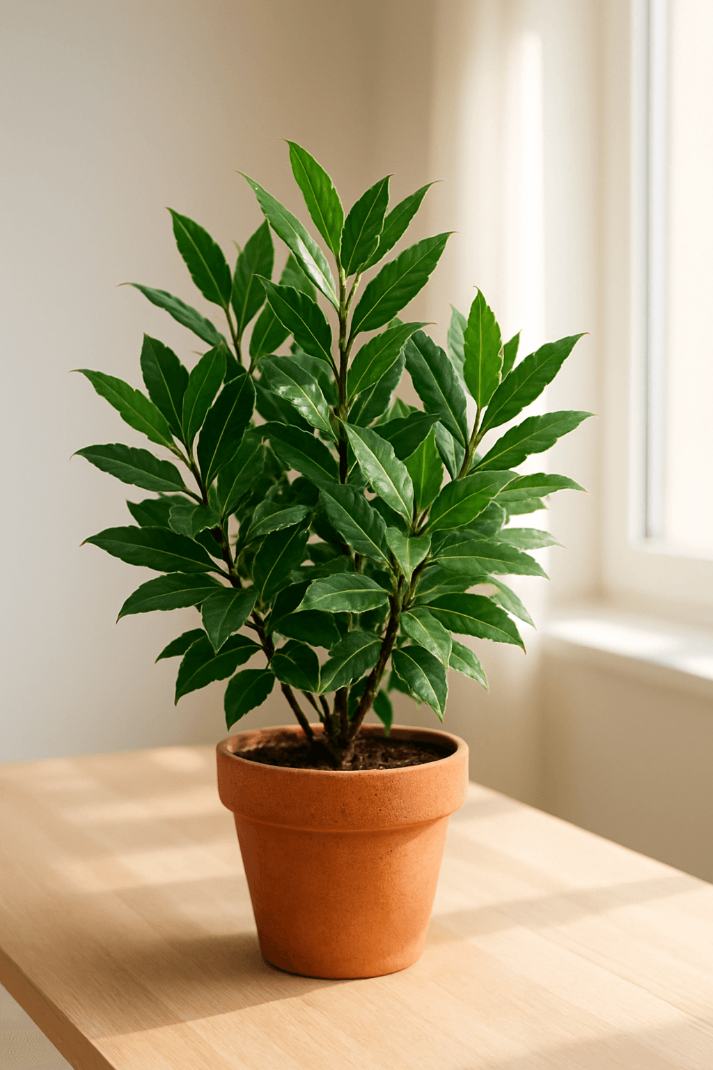 Bay Laurel (Laurus nobilis) with glossy aromatic oval leaves on a compact tree form