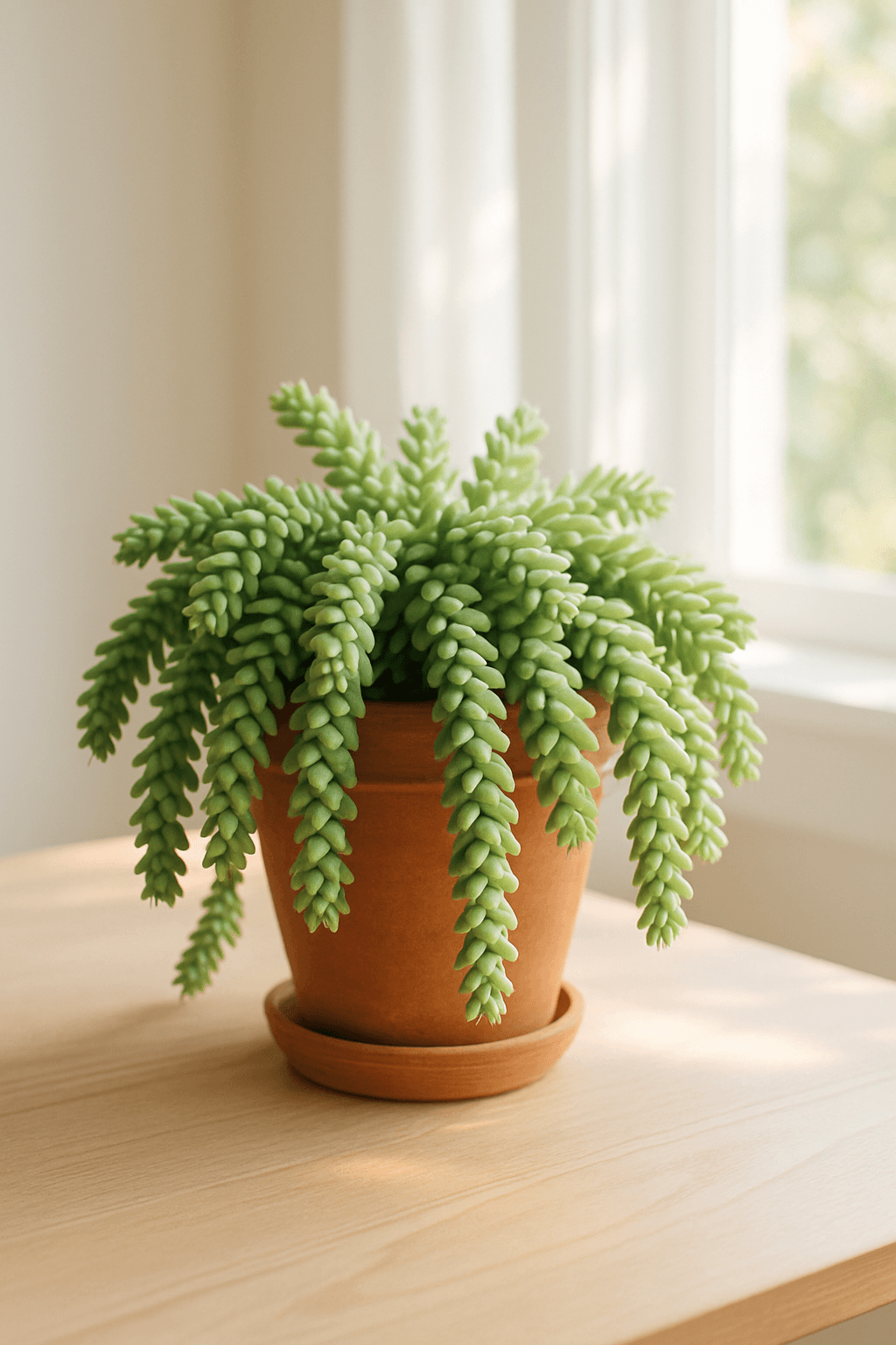 Burro's Tail succulent (Sedum morganianum) with trailing stems densely packed with plump blue-green leaves in a hanging basket