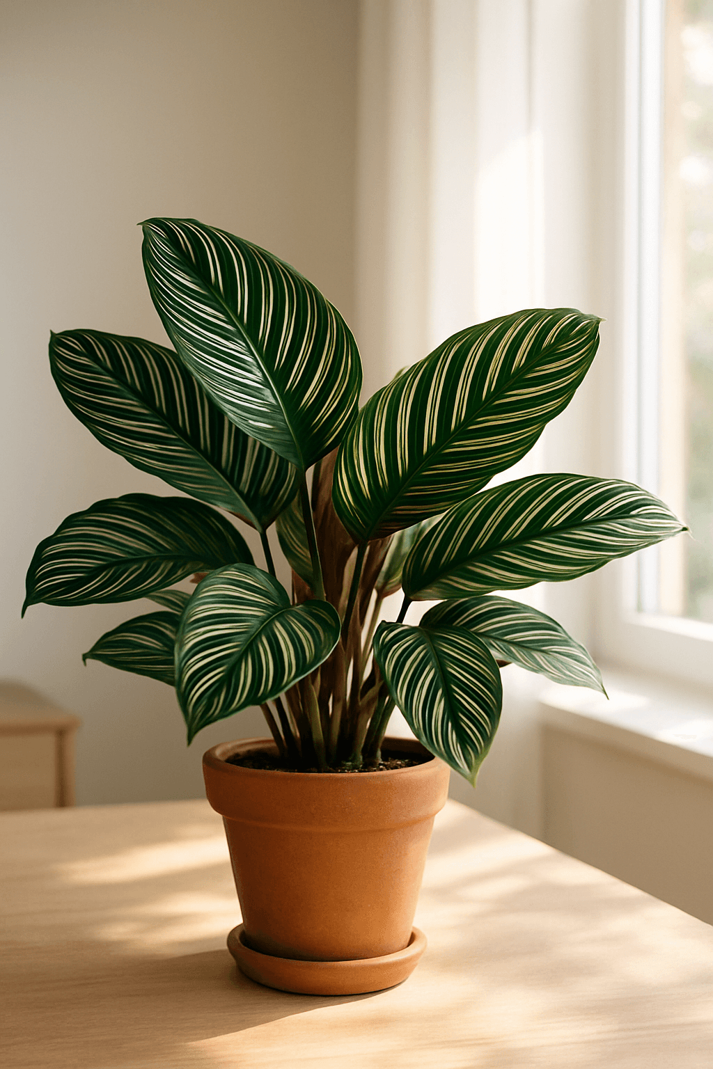 Pinstripe Calathea (Calathea ornata) with dark leaves and pink pinstripe markings