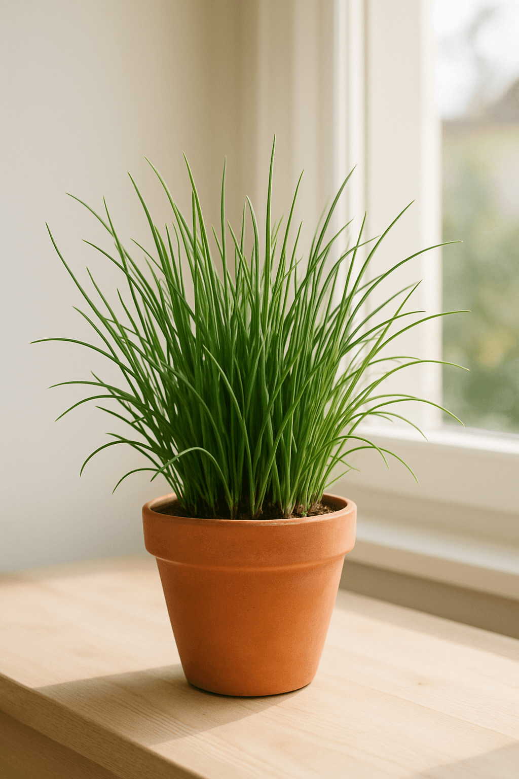 Chives (Allium schoenoprasum) with slender hollow green leaves and purple flowers