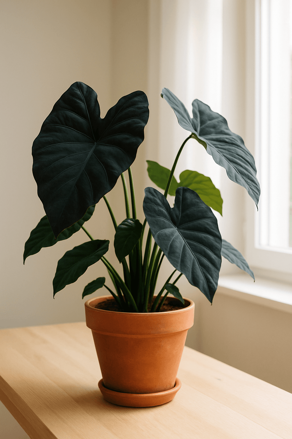 Black Magic Elephant Ear (Colocasia esculenta 'Black Magic') with huge deep purple-black leaves