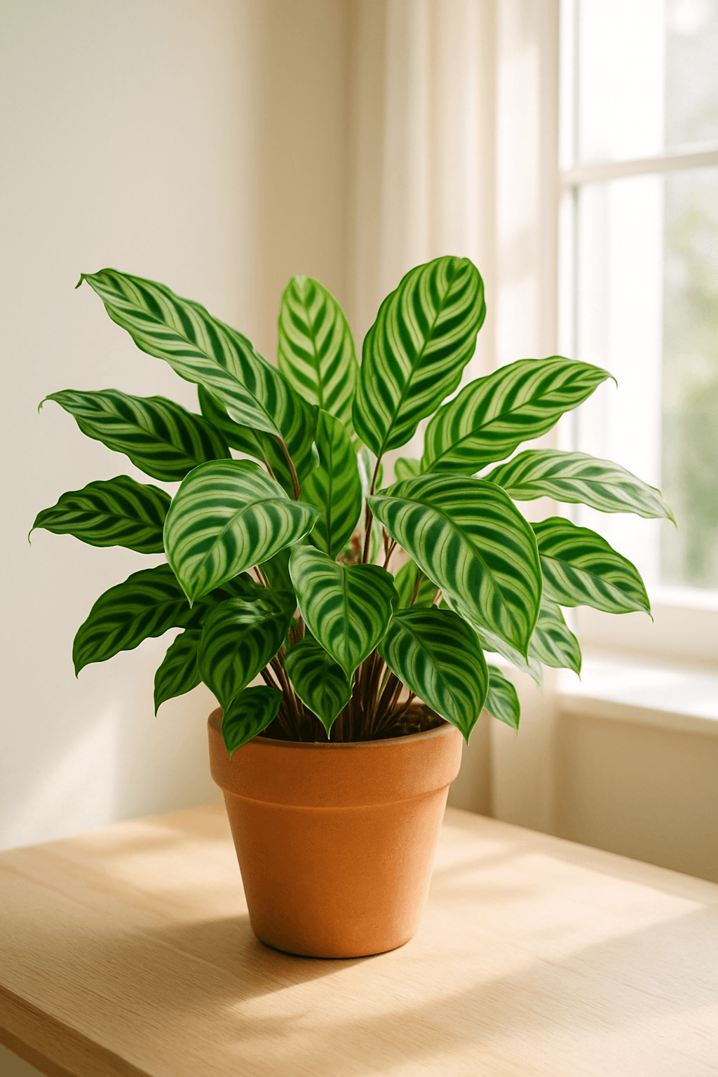 Never Never Plant (Ctenanthe) with silver-patterned green leaves and purple undersides