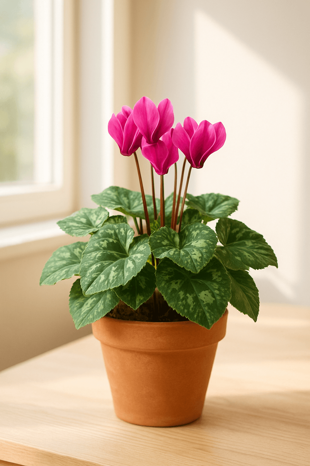 Cyclamen with upswept pink and white flowers over marbled patterned leaves