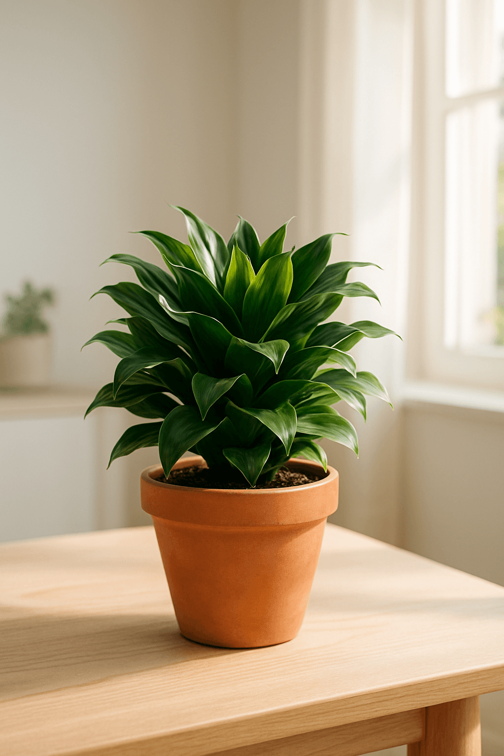 Janet Craig Compacta (Dracaena compacta) with dense rosettes of dark glossy green leaves on a cane