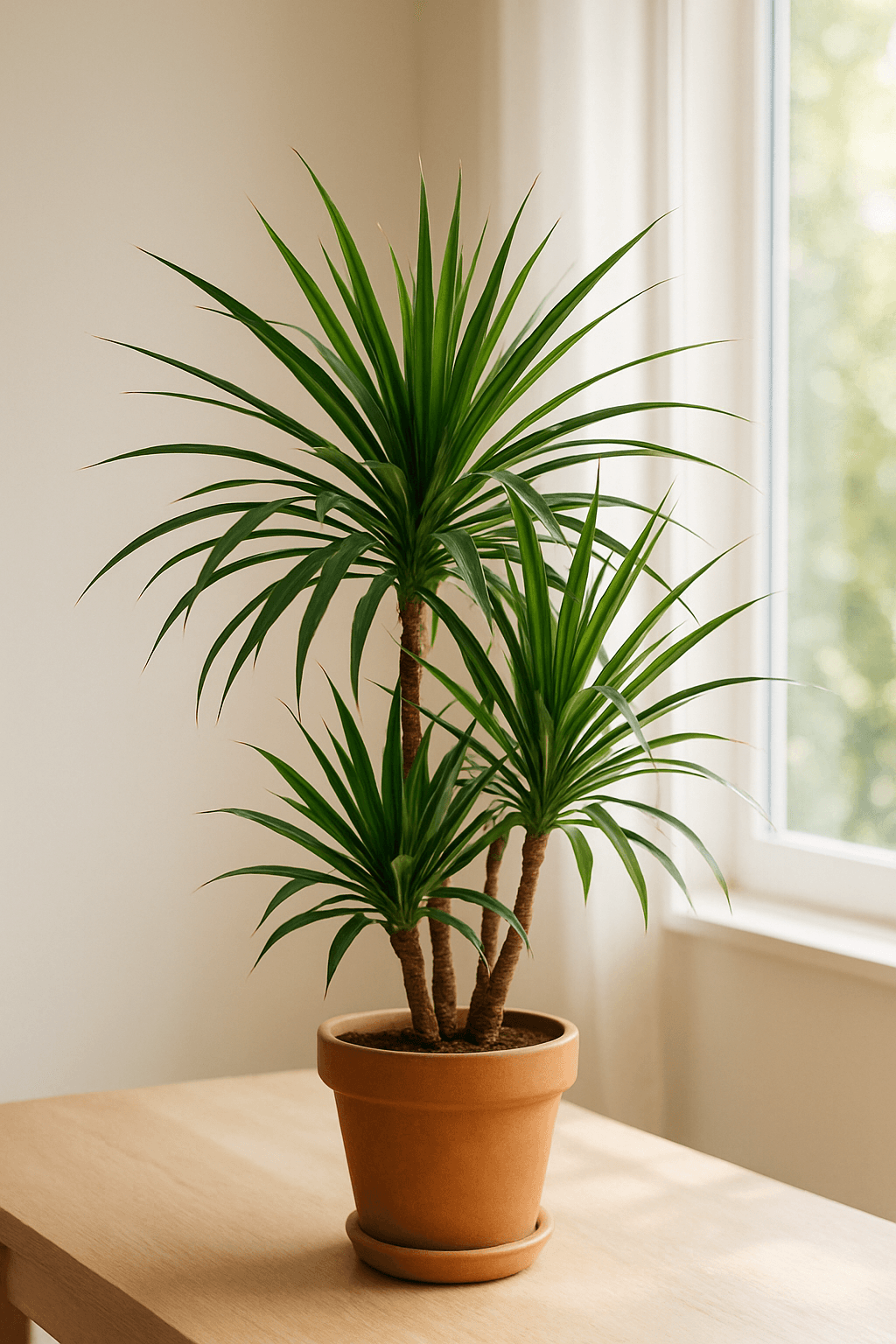 Dragon Tree (Dracaena marginata) with slender red-edged leaves on a bare cane stem