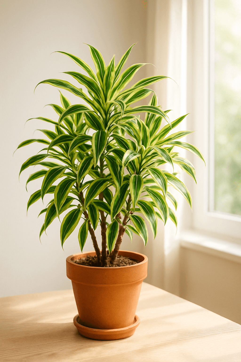 Song of India (Dracaena reflexa) with yellow-edged green leaves arranged in spirals