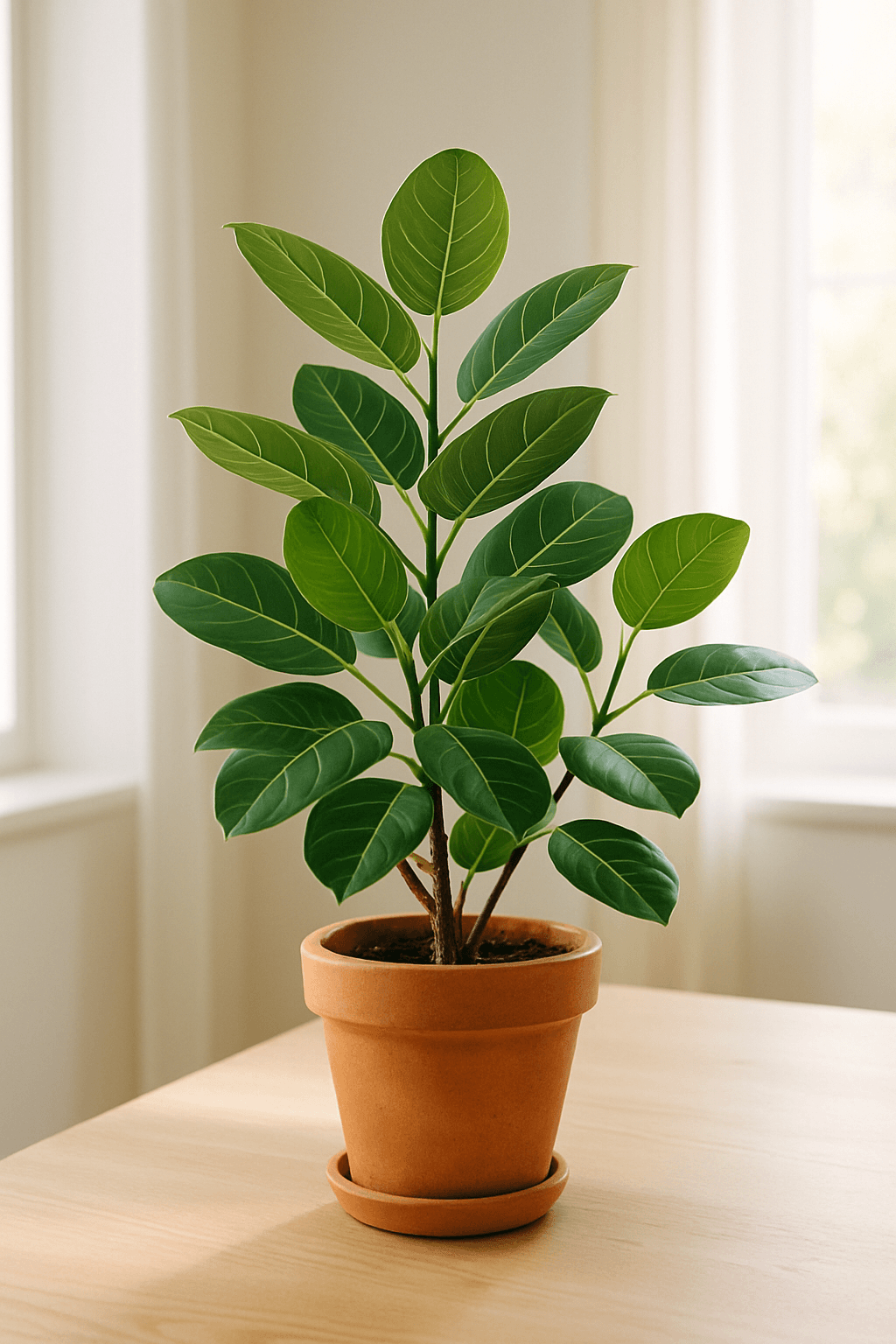 Ficus Audrey (Ficus benghalensis) with large velvety oval leaves and white veins