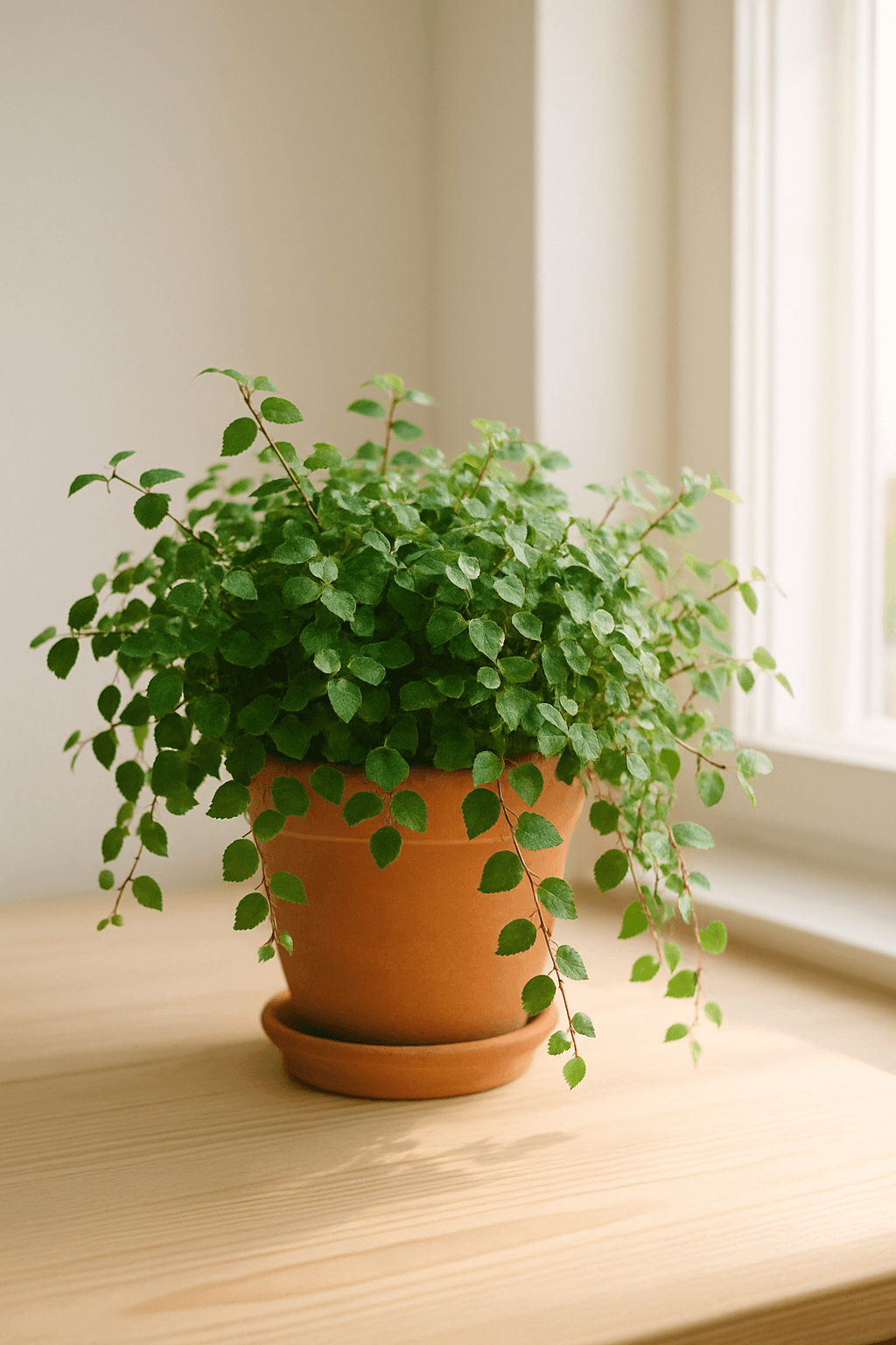 Creeping Fig (Ficus pumila) with small heart-shaped leaves cascading from a pot