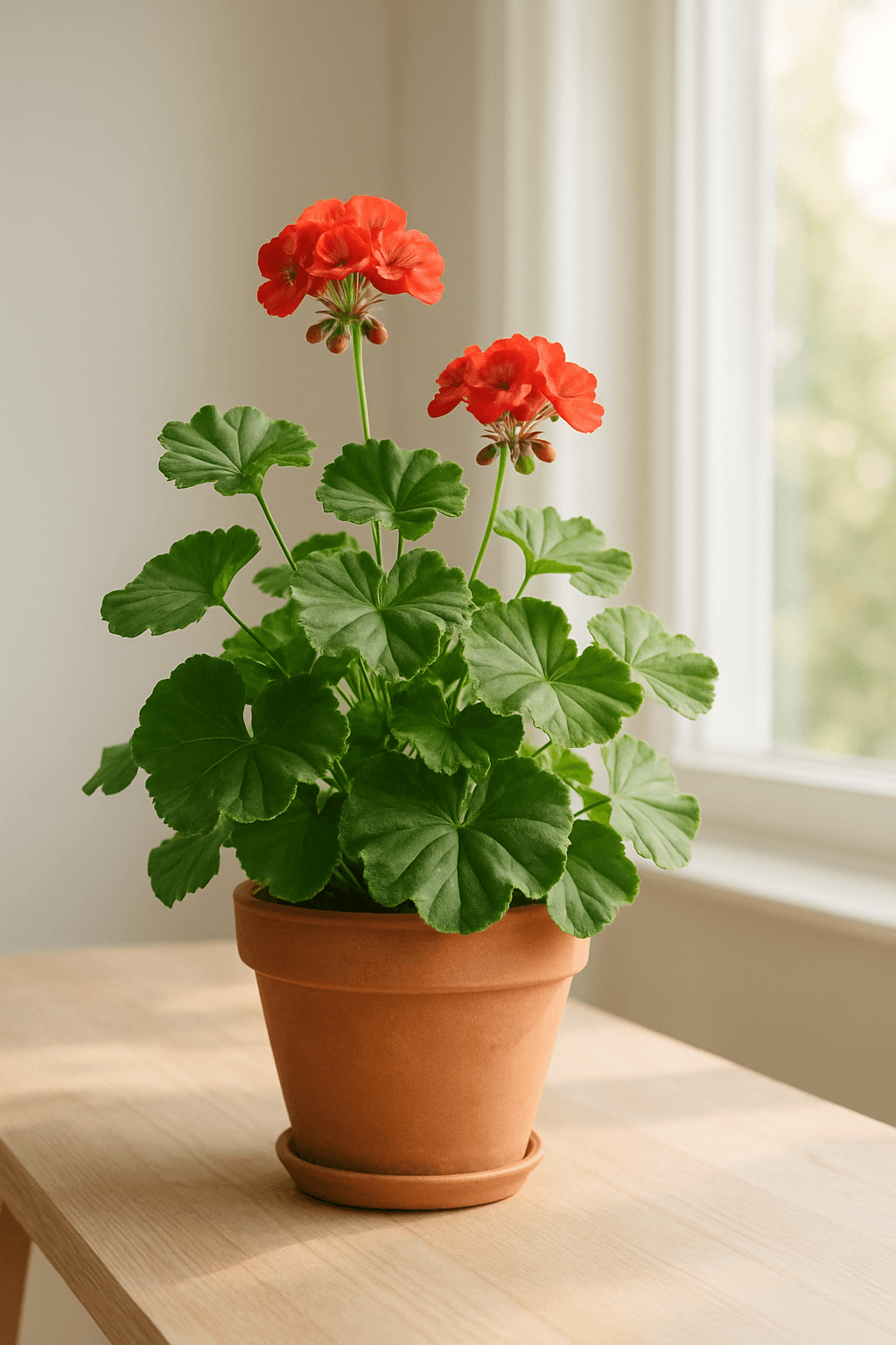 Geranium (Pelargonium) with bright red flower clusters and rounded scalloped leaves on a sunny windowsill