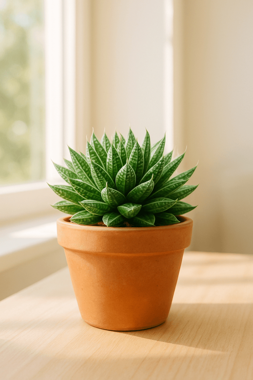 Haworthia Cooperi with fat translucent-tipped plump leaves forming a compact rosette
