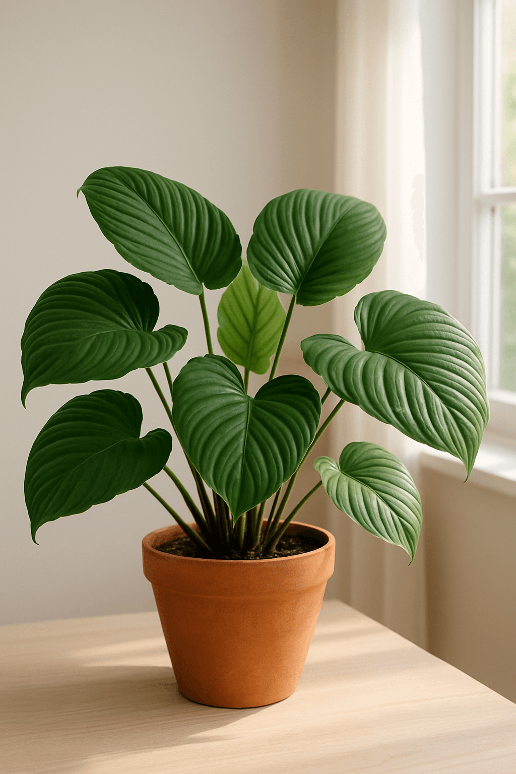 Homalomena plant with dark glossy heart-shaped leaves in a pot