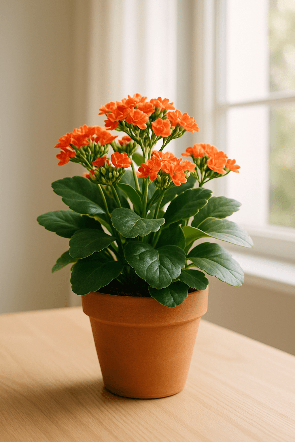 Kalanchoe (Kalanchoe blossfeldiana) with clusters of bright orange or red flowers above succulent green leaves