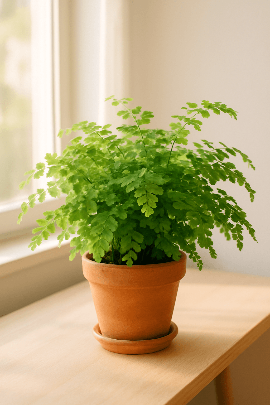 Maidenhair Fern (Adiantum) with delicate fan-shaped leaflets on black wire stems