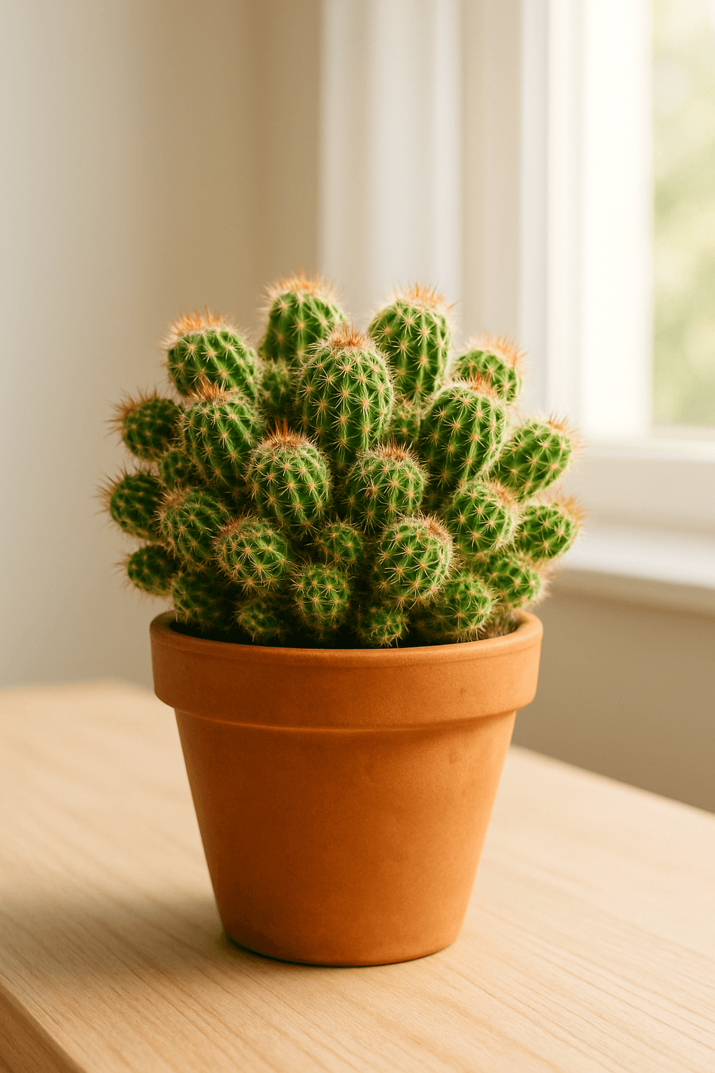 Mammillaria pincushion cactus with a ring of small pink flowers around the crown in a small terracotta pot