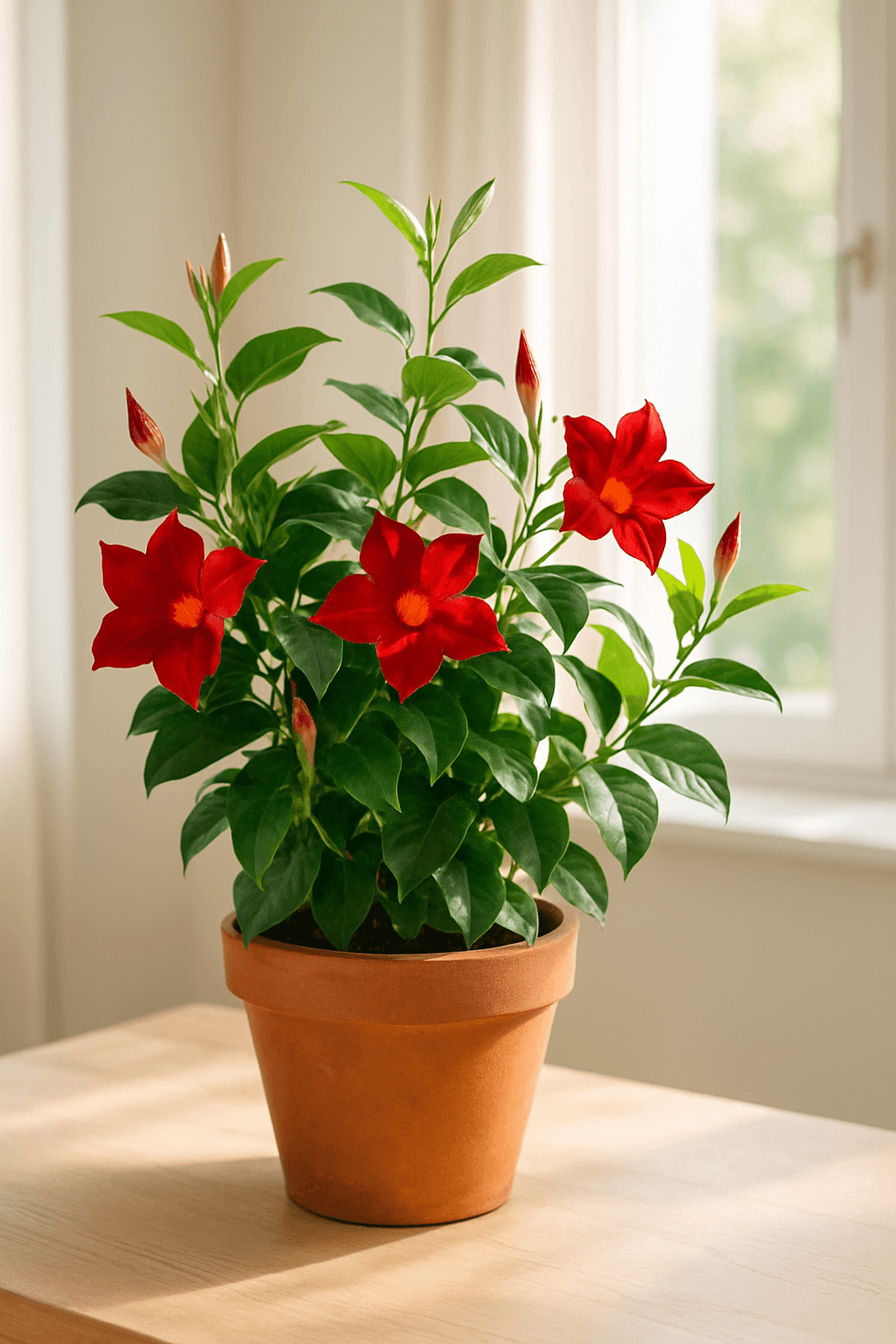 Mandevilla vine with large trumpet-shaped pink or red flowers and glossy dark leaves on a trellis