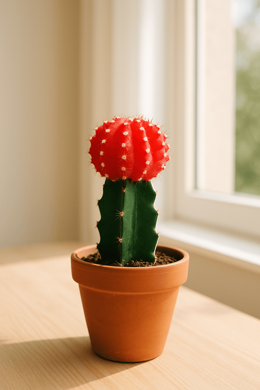 Moon Cactus (Gymnocalycium mihanovichii) with bright red or yellow spherical top grafted on a green Hylocereus base