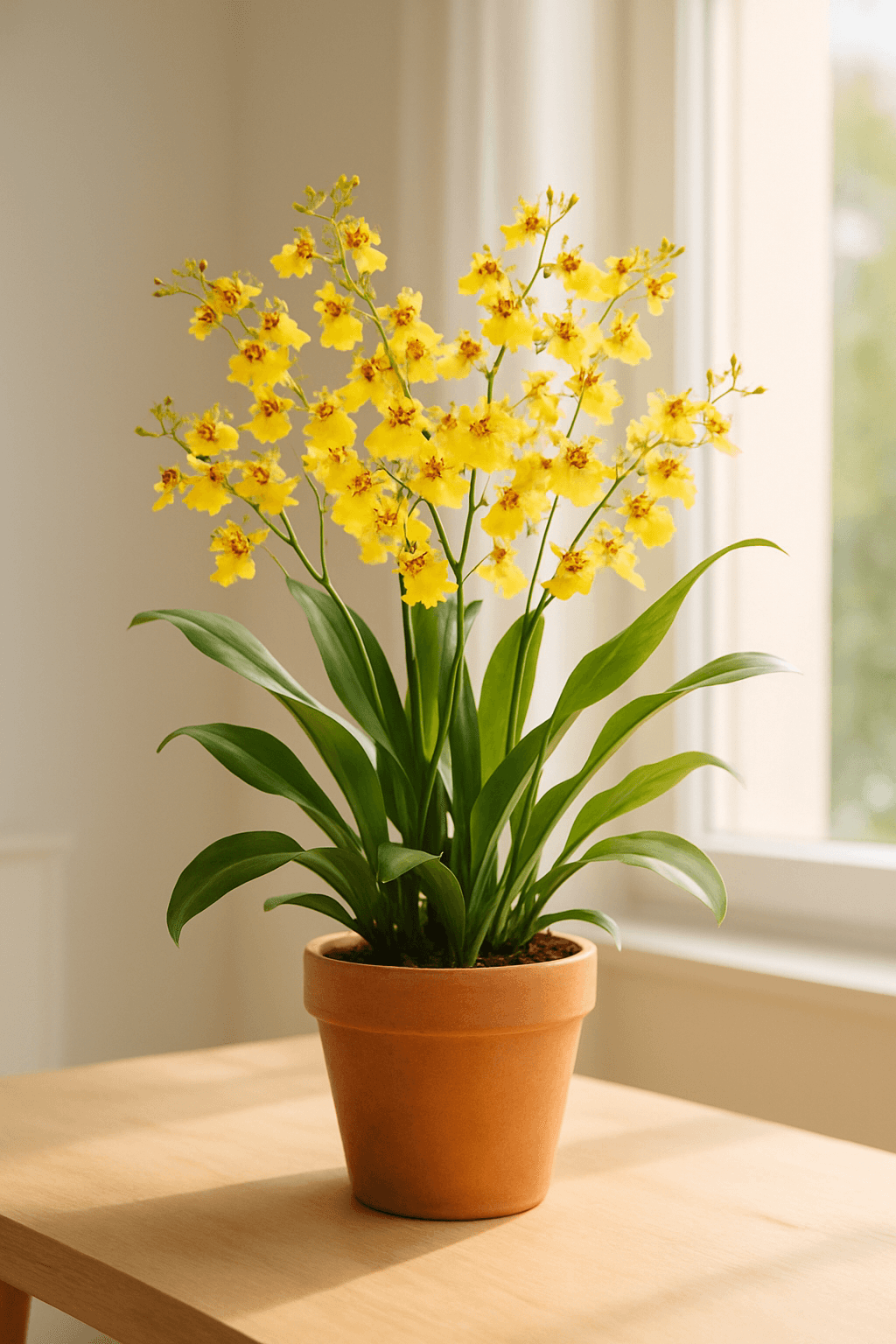 Dancing Lady Orchid (Oncidium) with sprays of small yellow and brown flowers