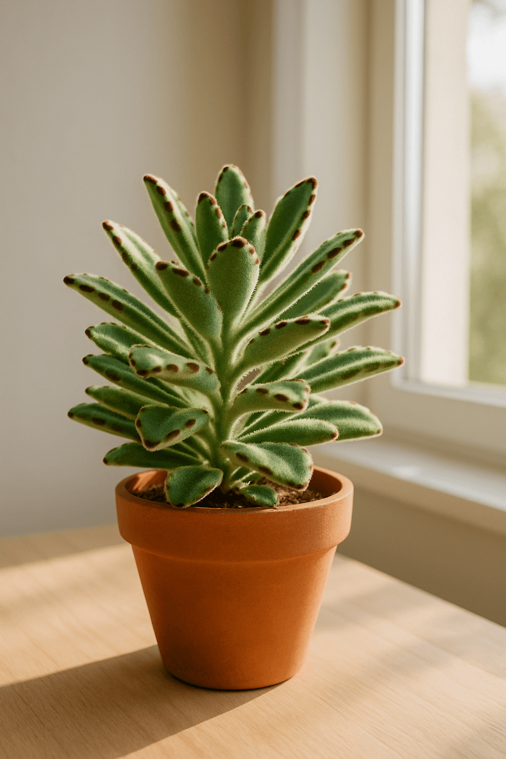Panda Plant (Kalanchoe tomentosa) with silver-white felty leaves with chocolate-brown spots