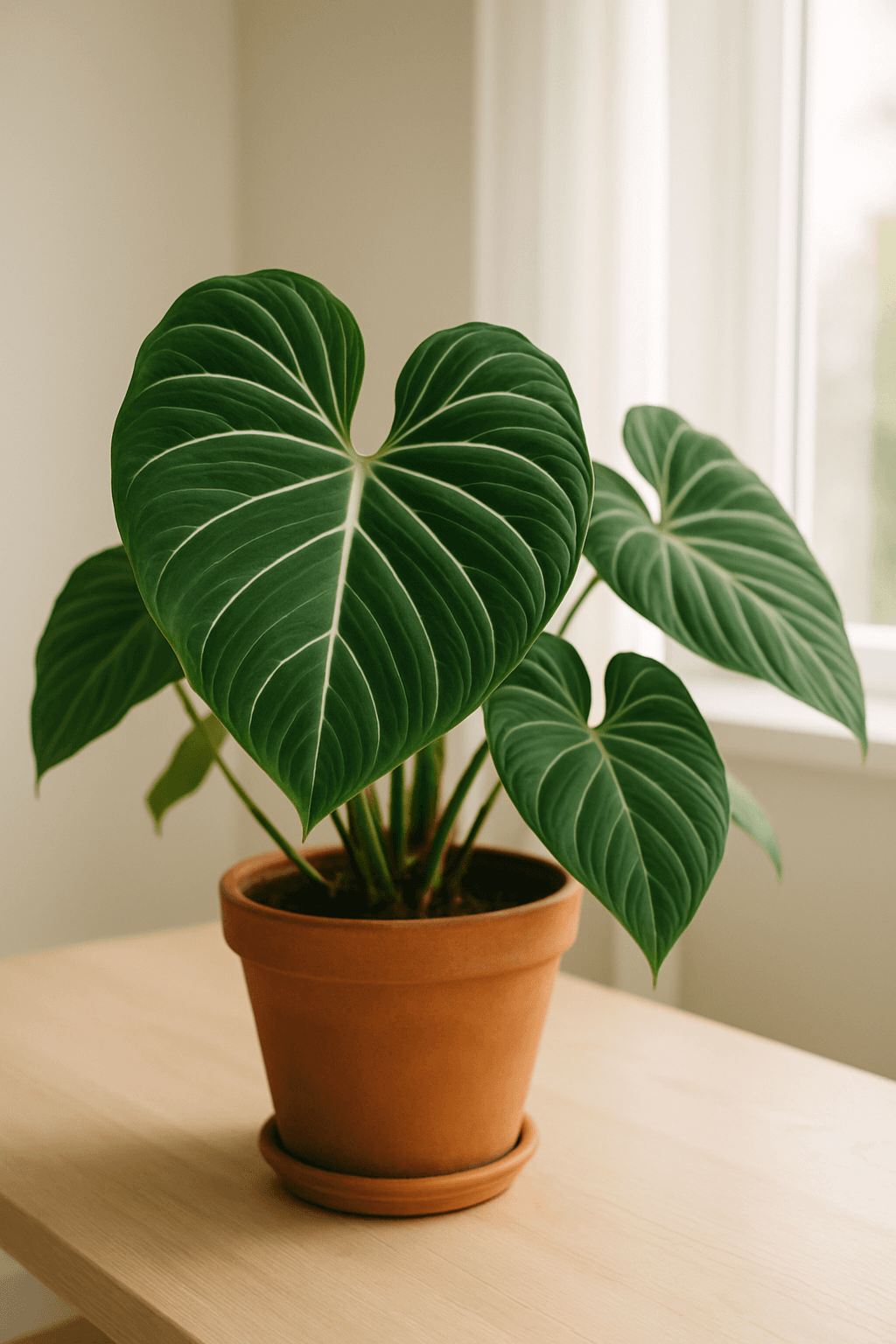 Philodendron Gloriosum with large velvety heart-shaped leaves and white veins
