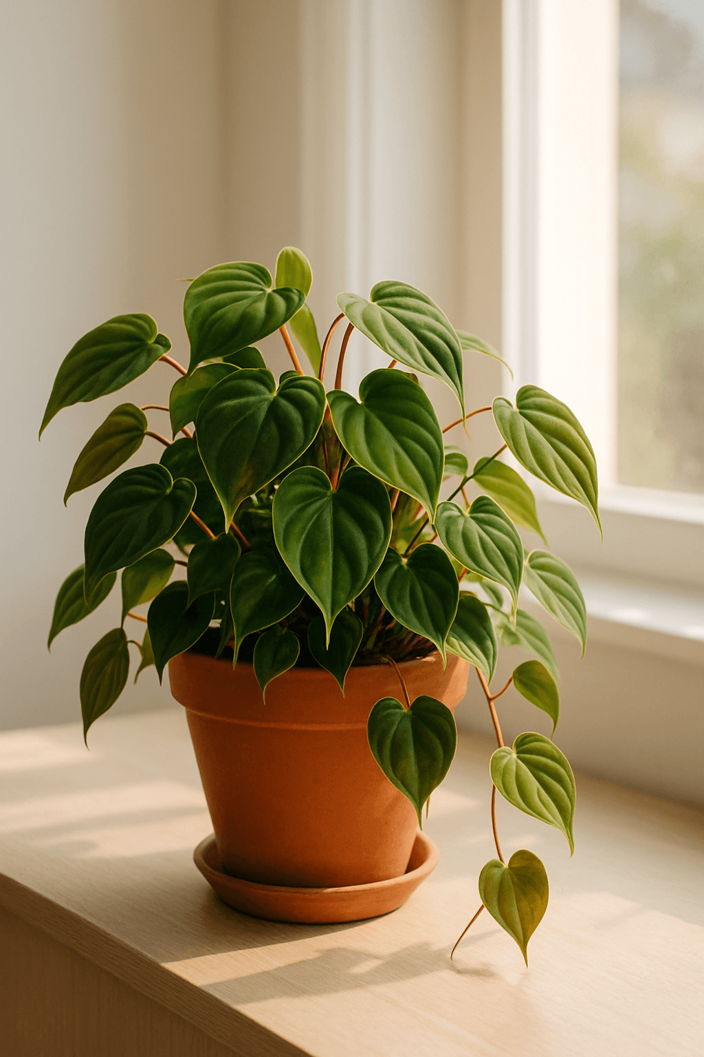 Philodendron Micans with velvety bronze-green heart-shaped leaves trailing from a pot