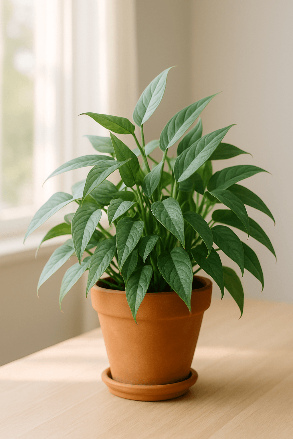 Cebu Blue Pothos (Epipremnum pinnatum 'Cebu Blue') with narrow silver-blue metallic leaves trailing