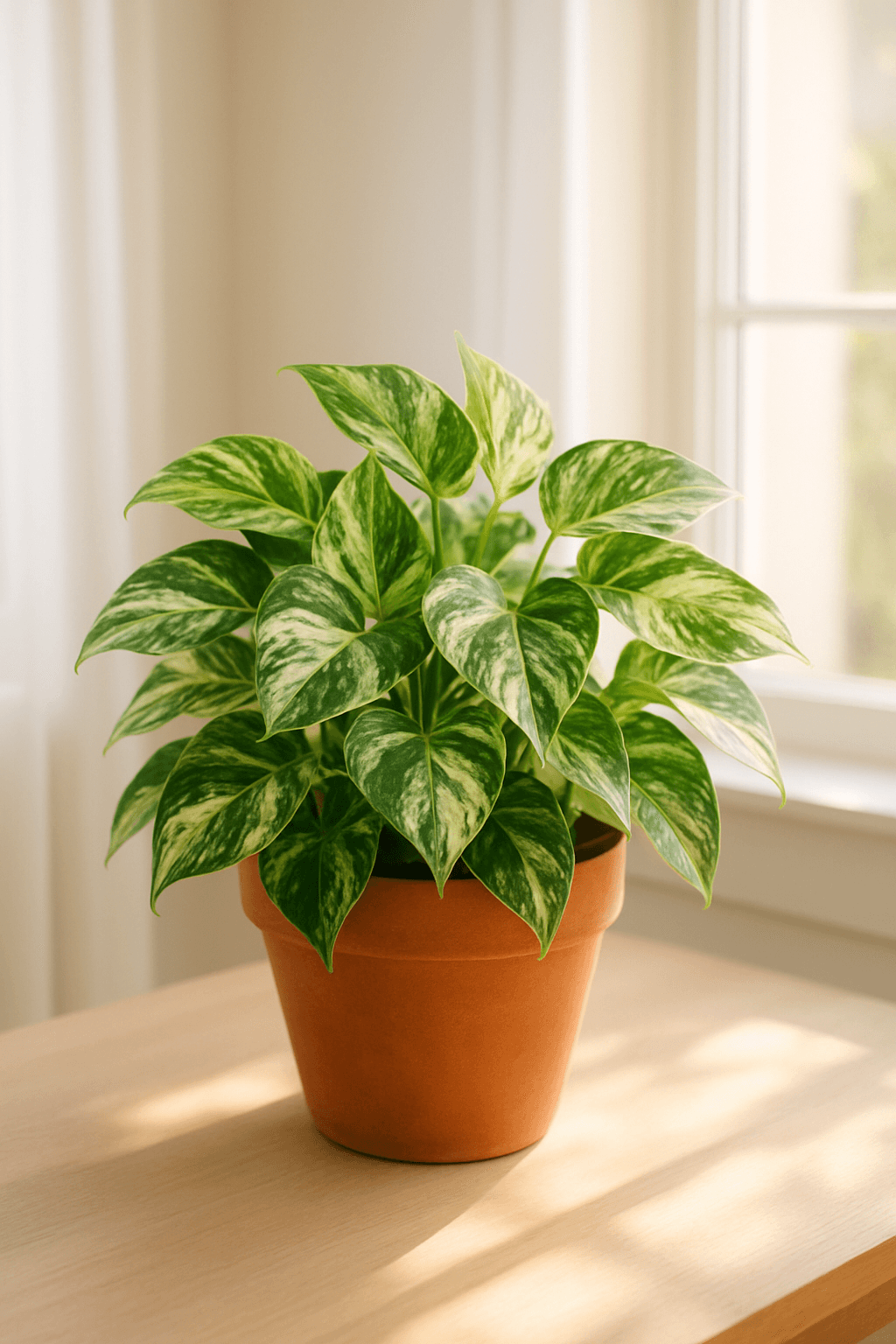 Marble Queen Pothos with cream and green marbled variegated leaves trailing
