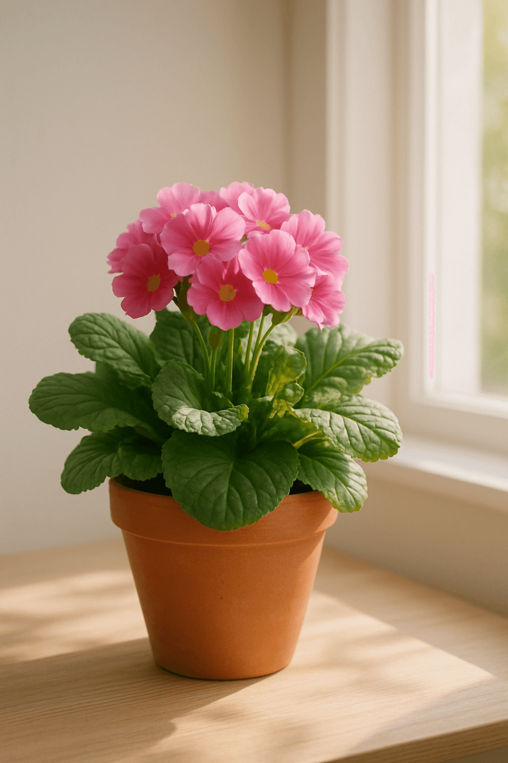 Indoor Primrose (Primula obconica) with clusters of pink, red, or purple flowers in a cool bright spot