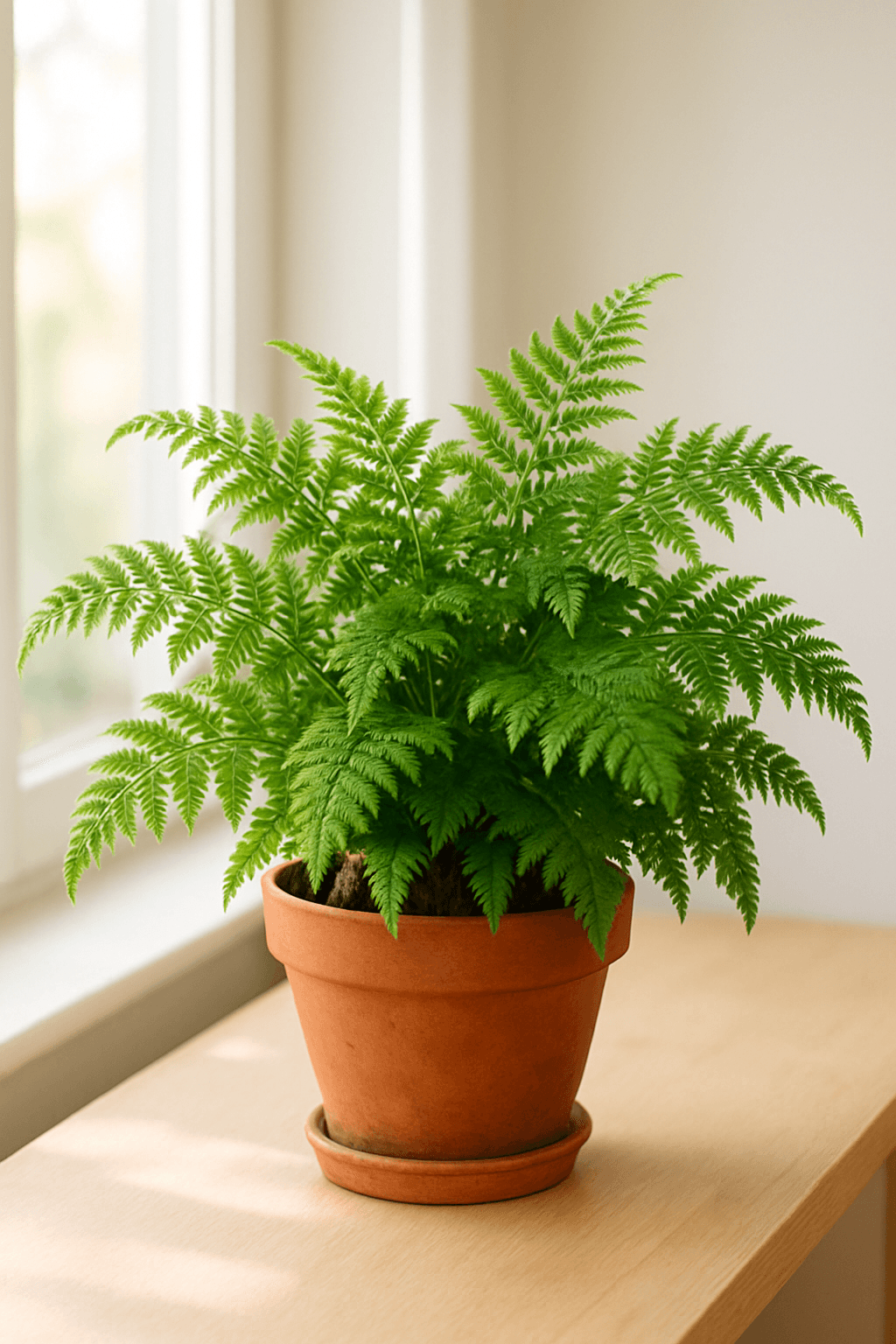 Rabbit's Foot Fern (Davallia fejeensis) with fuzzy silver rhizomes trailing over the pot
