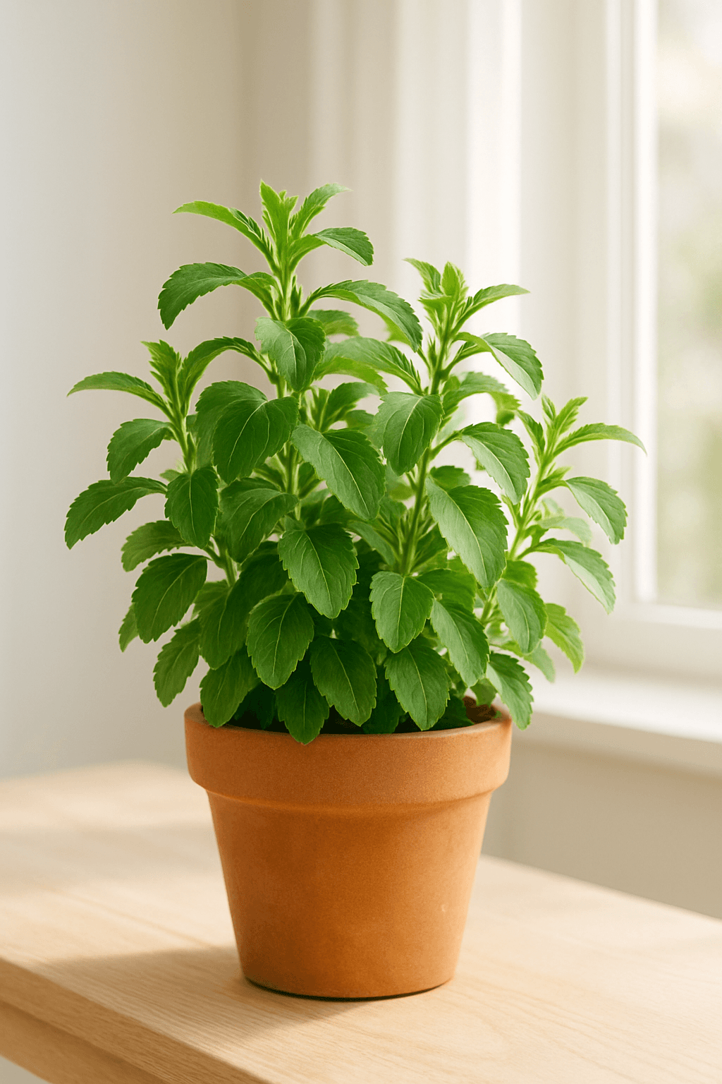 Stevia (Stevia rebaudiana) with small oval sweet leaves on a compact plant