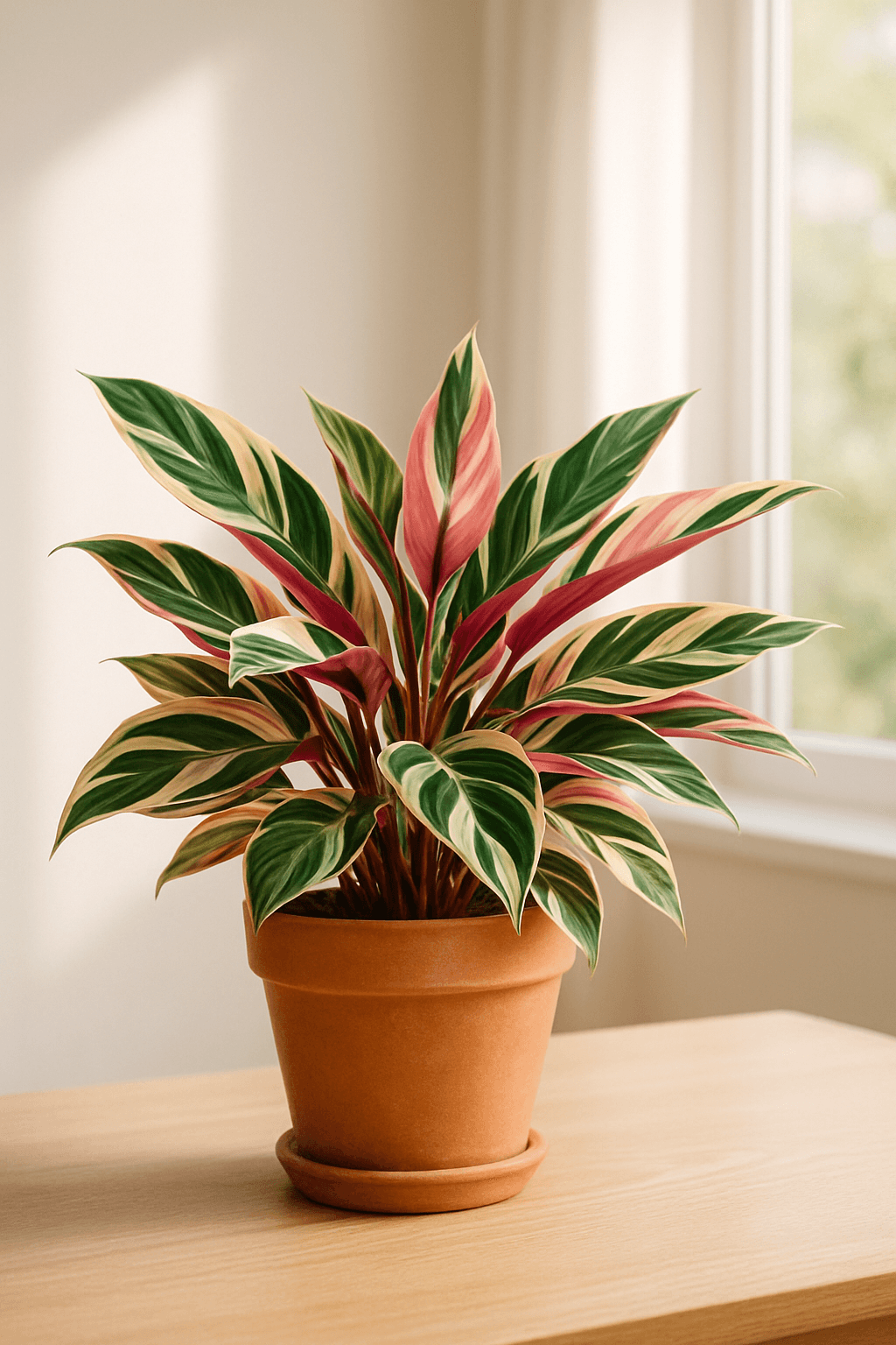 Triostar Stromanthe with multicolored leaves showing green, cream, and pink
