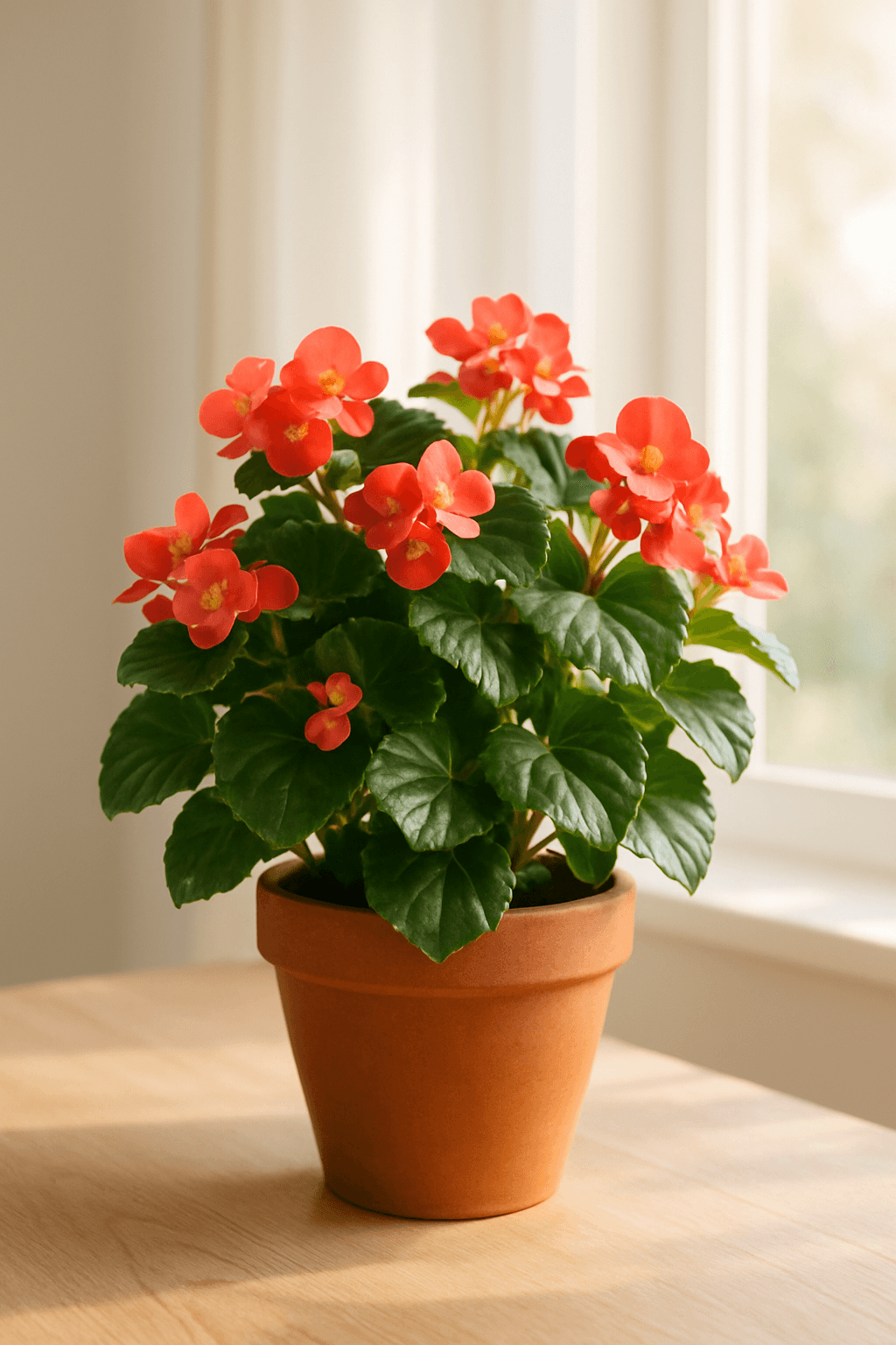 Wax Begonia (Begonia x semperflorens) with clusters of small pink flowers and glossy waxy green leaves